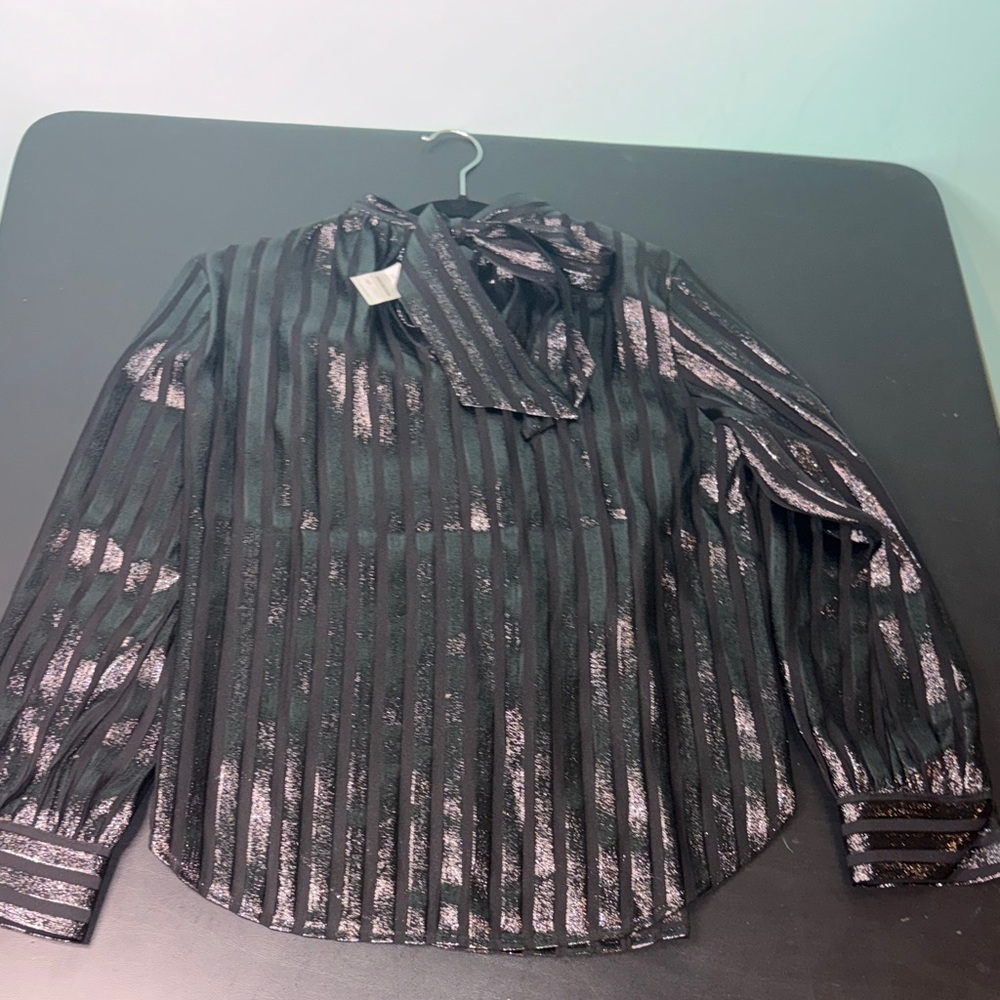 NWT J.Crew Black Metallic Stripe Tie-Neck Blouse Sz S - Picture 9 of 9